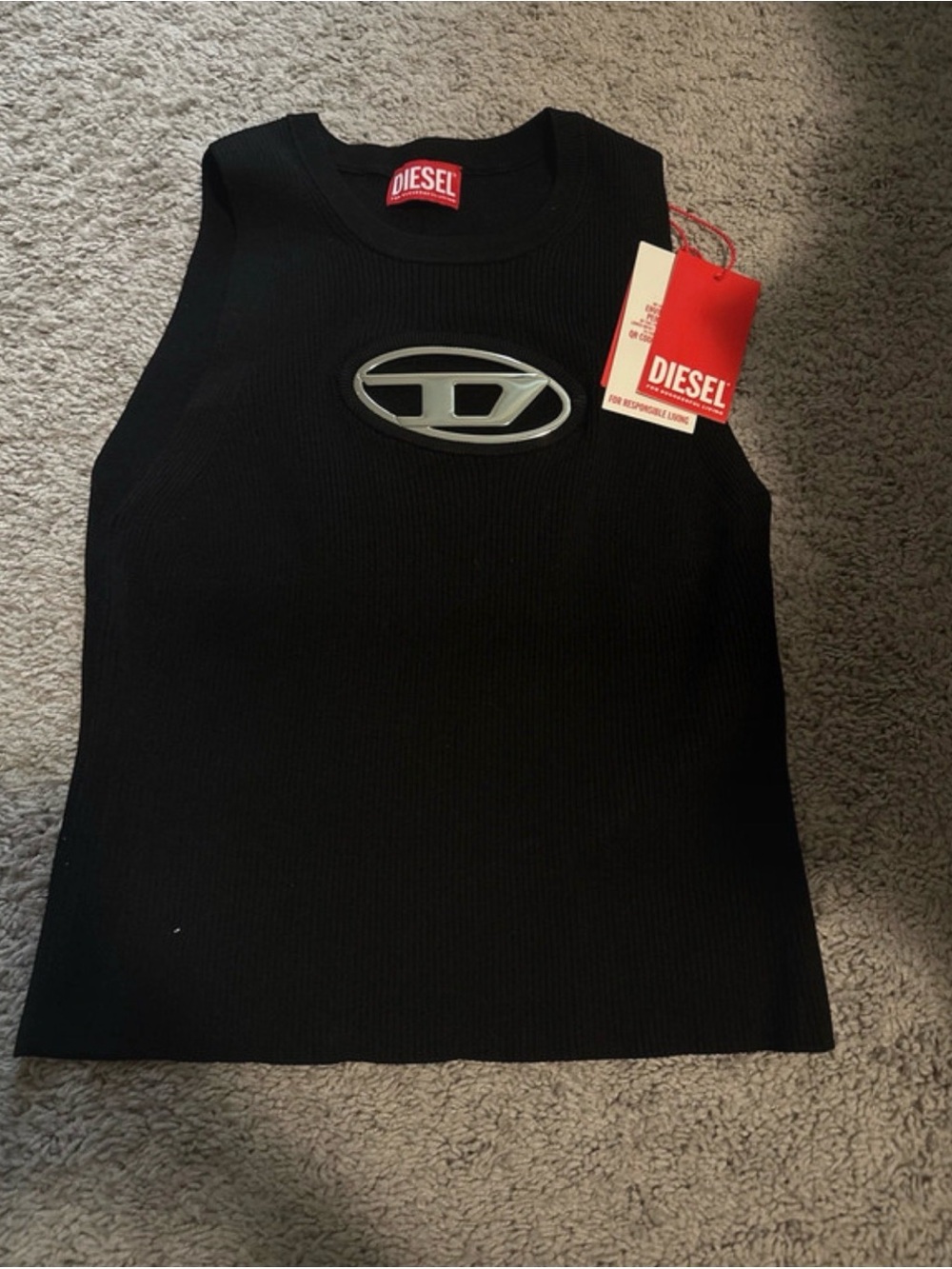 Diesel Black Ribbed Tank with Silver Logo Patch